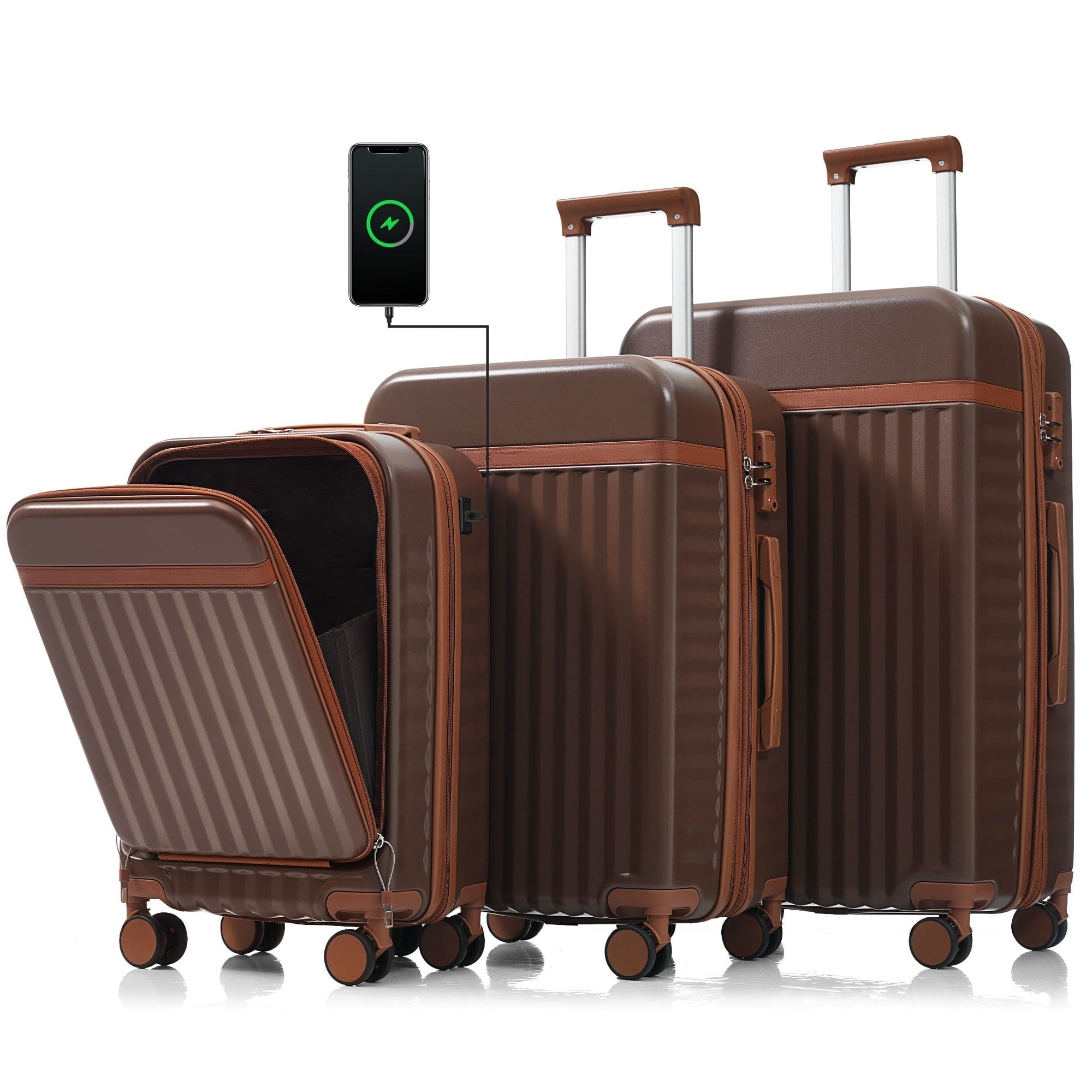 BreeBe - 3-Piece 20" Luggage Set with USB Port, Front Opening, Airline Certified Carry-On, ABS Hard Shell, Spinner Wheels - Brown