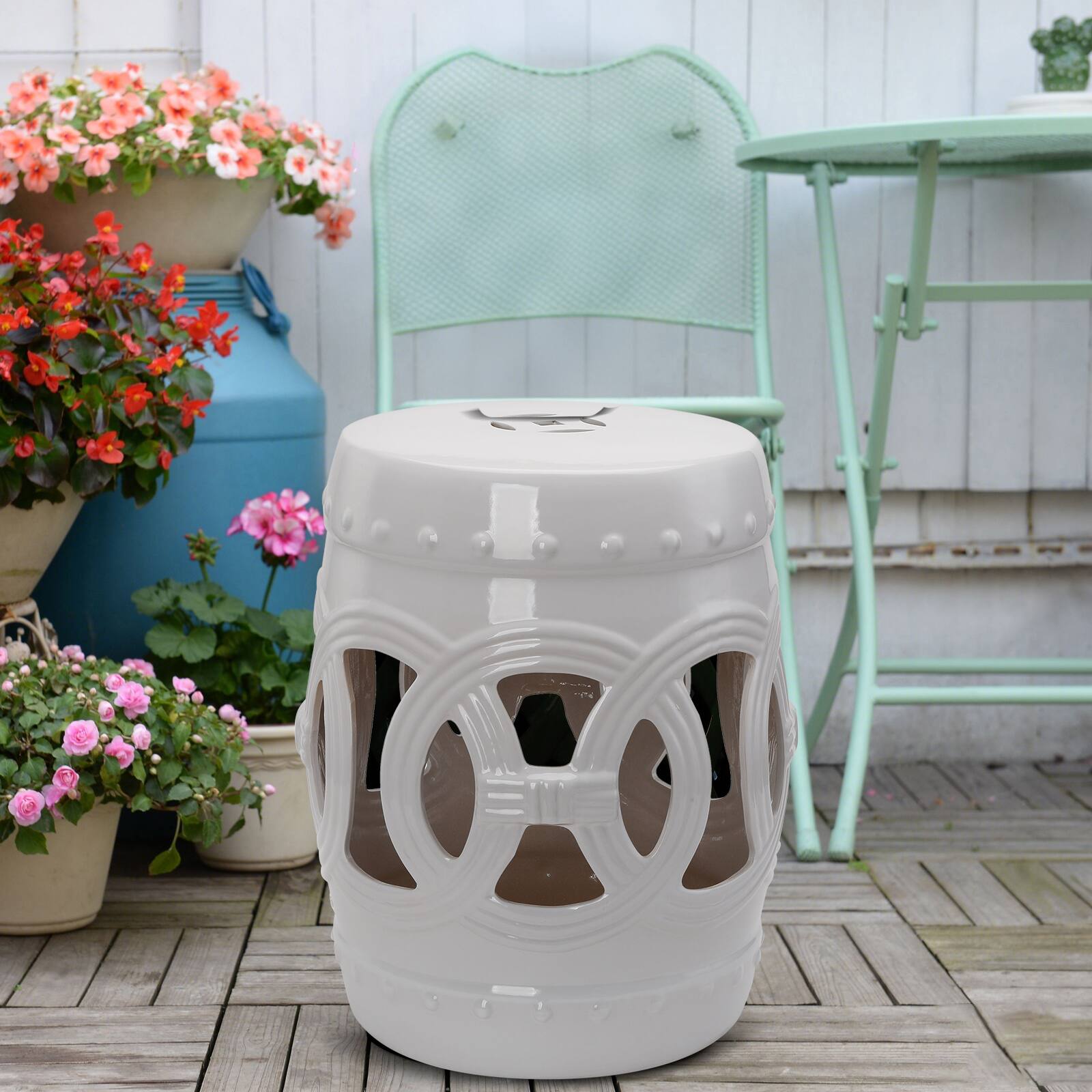Angle. Outsunny - Outsunny 14" x 17" Ceramic Garden Stool with Double-Coin Knotted Ring Design & Strong Glazed Material - White.