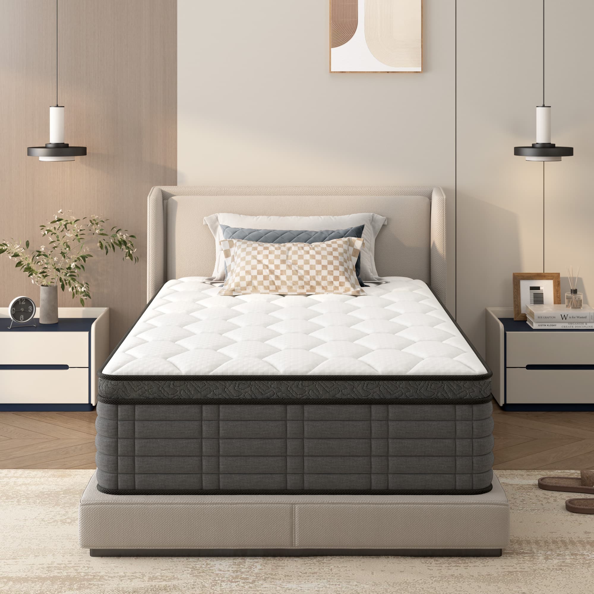 Front. Glintex - 12 Inch Twin Size Medium Firm Hybrid Mattress with Individually Pocketed Coil Support, CertiPUR-US Certified - Grey+White.
