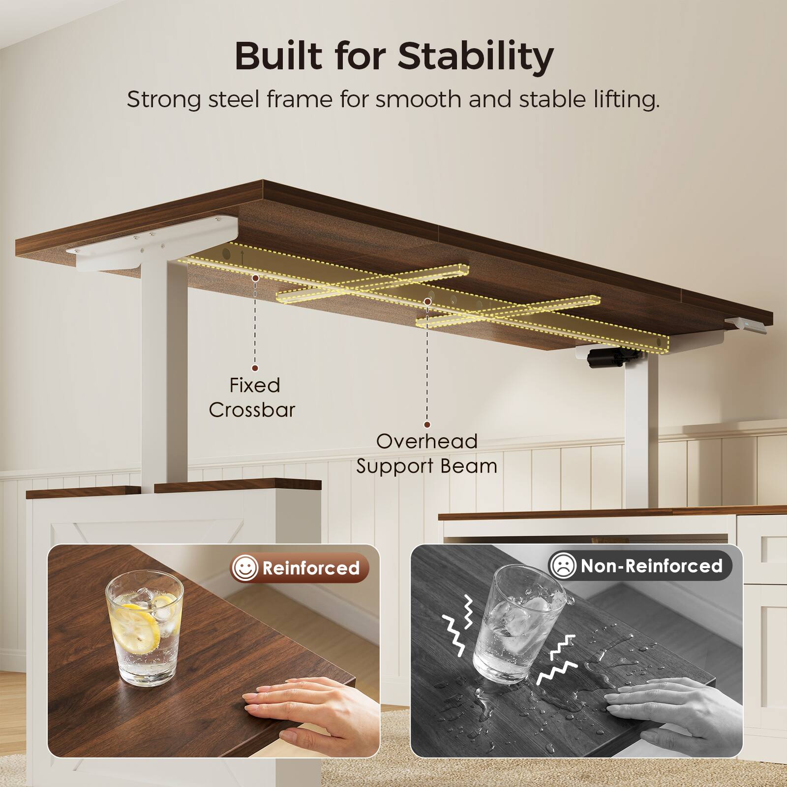 Built for Stability  
Strong steel frame for smooth and stable lifting.  
Fixed Crossbar  
Overhead Support Beam  
Reinforced  
Non-Reinforced