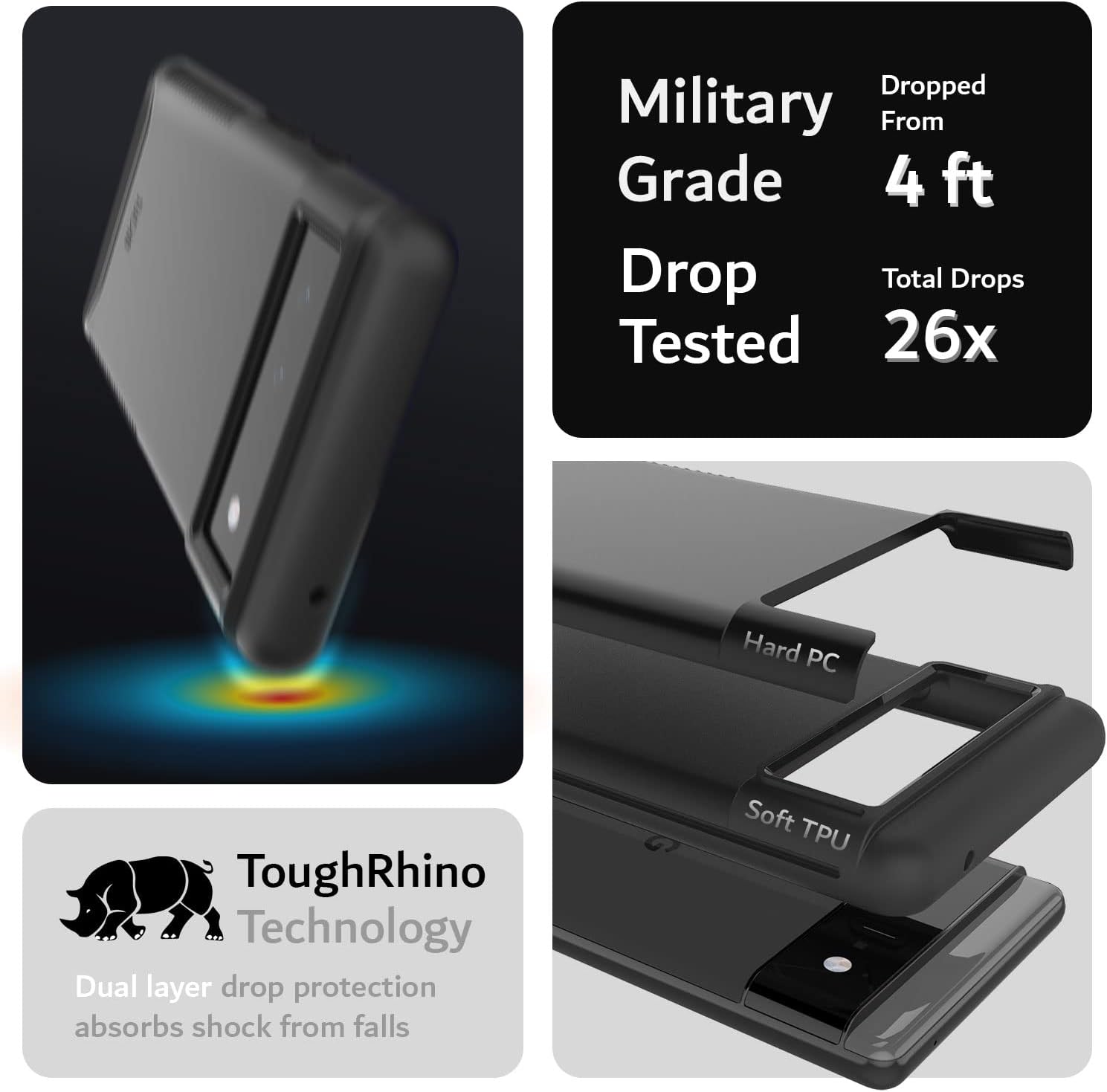 - Military Grade Drop Tested
- Dropped From 4 ft
- Total Drops Tested 26x
- ToughRhino Technology
- Dual layer drop protection absorbs shock from falls
- Hard PC
- Soft TPU