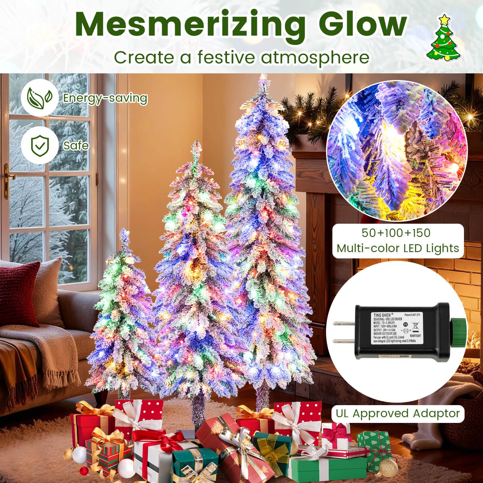 Mesmerizing Glow  
Create a festive atmosphere  

Energy-saving  
Safe  

Multi-color LED Lights  
50+100+150  

UL Approved Adaptor