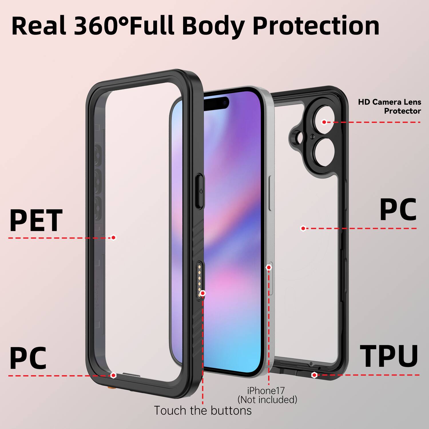 Real 360° Full Body Protection

HD Camera Lens Protector

PET

PC

TPU

iPhone17 (Not included)

Touch the buttons