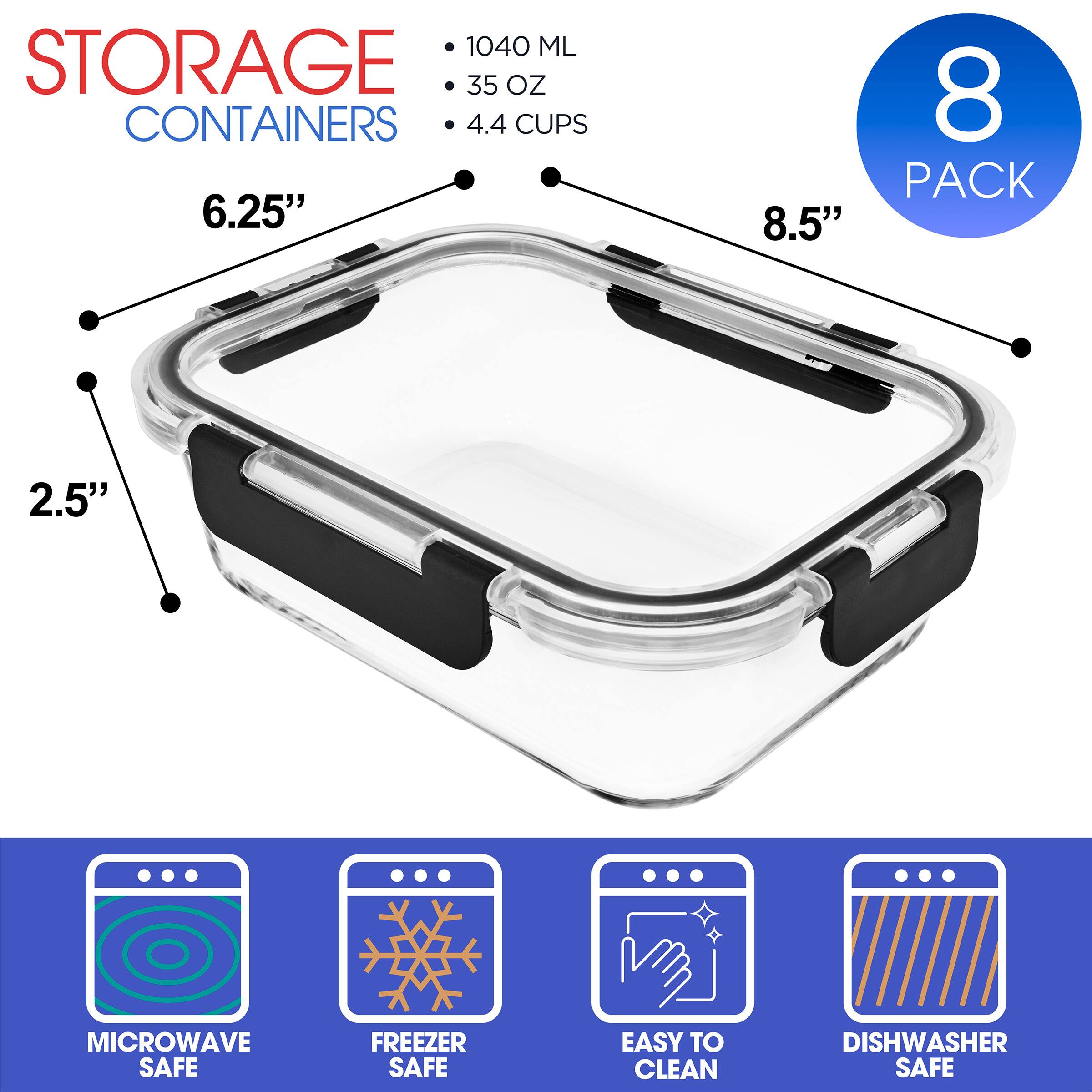 1040 ML STORAGE  
35 OZ CONTAINERS  
4.4 CUPS  
6.25" x 8.5" x 2.5"  
8 PACK  
MICROWAVE SAFE  
FREEZER SAFE  
EASY TO CLEAN  
DISHWASHER SAFE