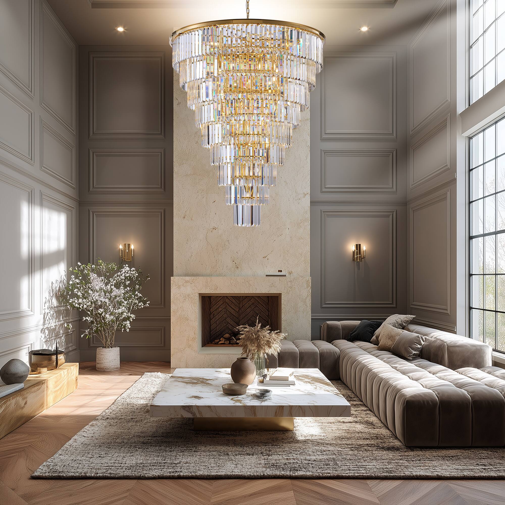 Alt View 1. Boyel Living - 48 Inch Gold Tiered Crystal Tube Chandelier 45 Light E12 Pendant with 580 Crystal Rods.