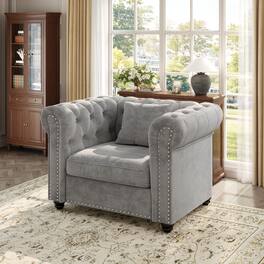 Anysun - 38.5" Chesterfield Tufted Single Seat Sofa with Rolled Arms & Nailhead Trim – Chenille Deep Seat Sofa Couch - Light Gray