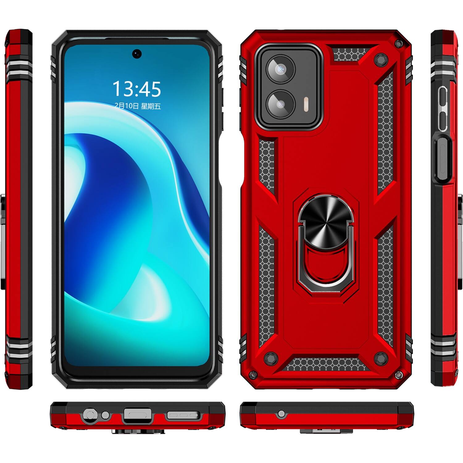 The image shows a cell phone with a red case on it. The phone is placed next to the case, which is open. The time displayed on the phone is 13:45.