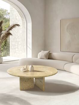 APRILSOUL - Large Curved Tier Traditional Round Wooden Center Coffee Table with Wheels Mid Century Style Living Room - Yellow