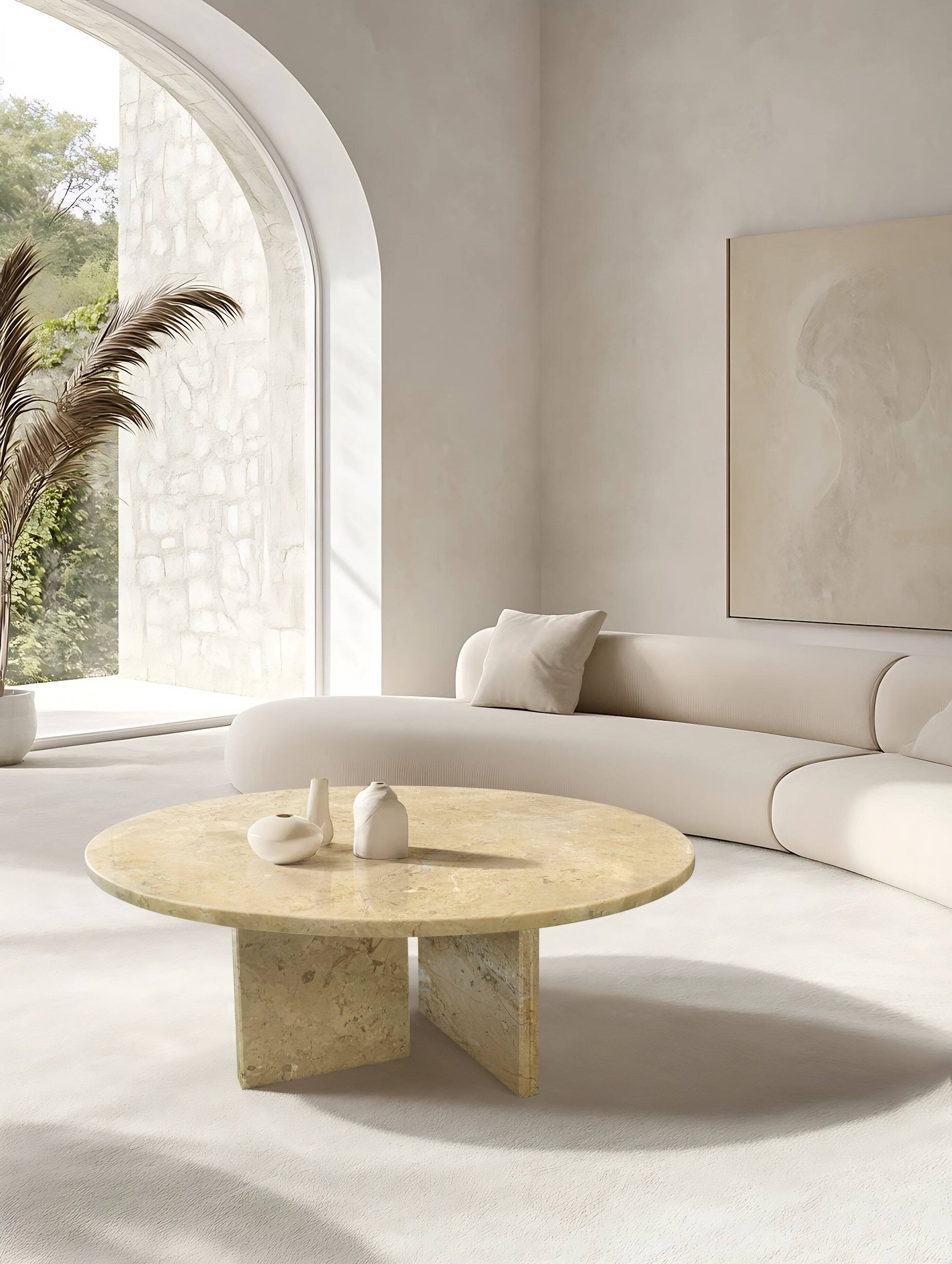 Front. APRILSOUL - Large Curved Tier Traditional Round Wooden Center Coffee Table with Wheels Mid Century Style Living Room - yellow.