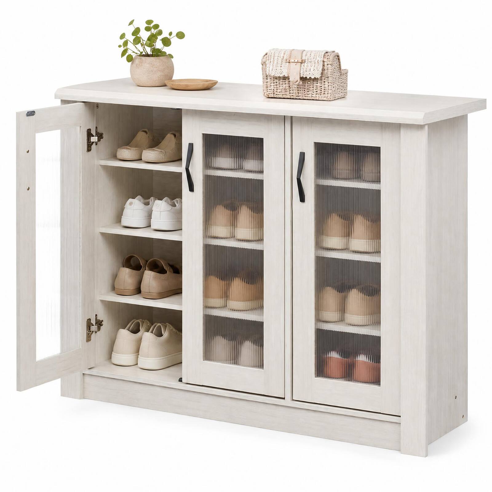 Alt View 9. Costway - Costway 3-Door Shoe Cabinet with Removable Shelves, Fluted Transparent Doors, Cable Holes - 3-Door White.
