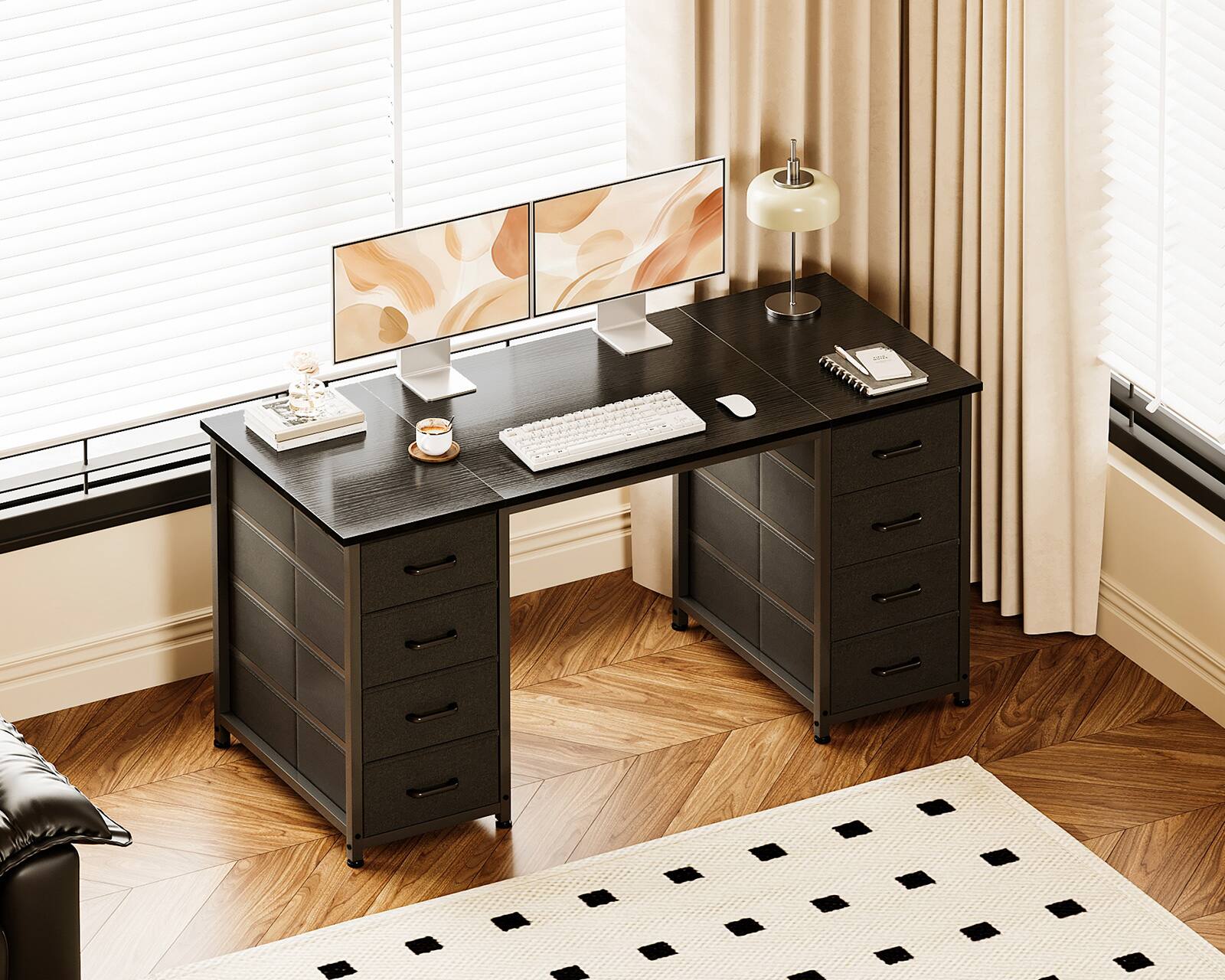 Alt View 2. AODK - Computer Desk with 8 Fabric Drawers, Large Storage Modern Office Desk for Home Office & Study - Black.