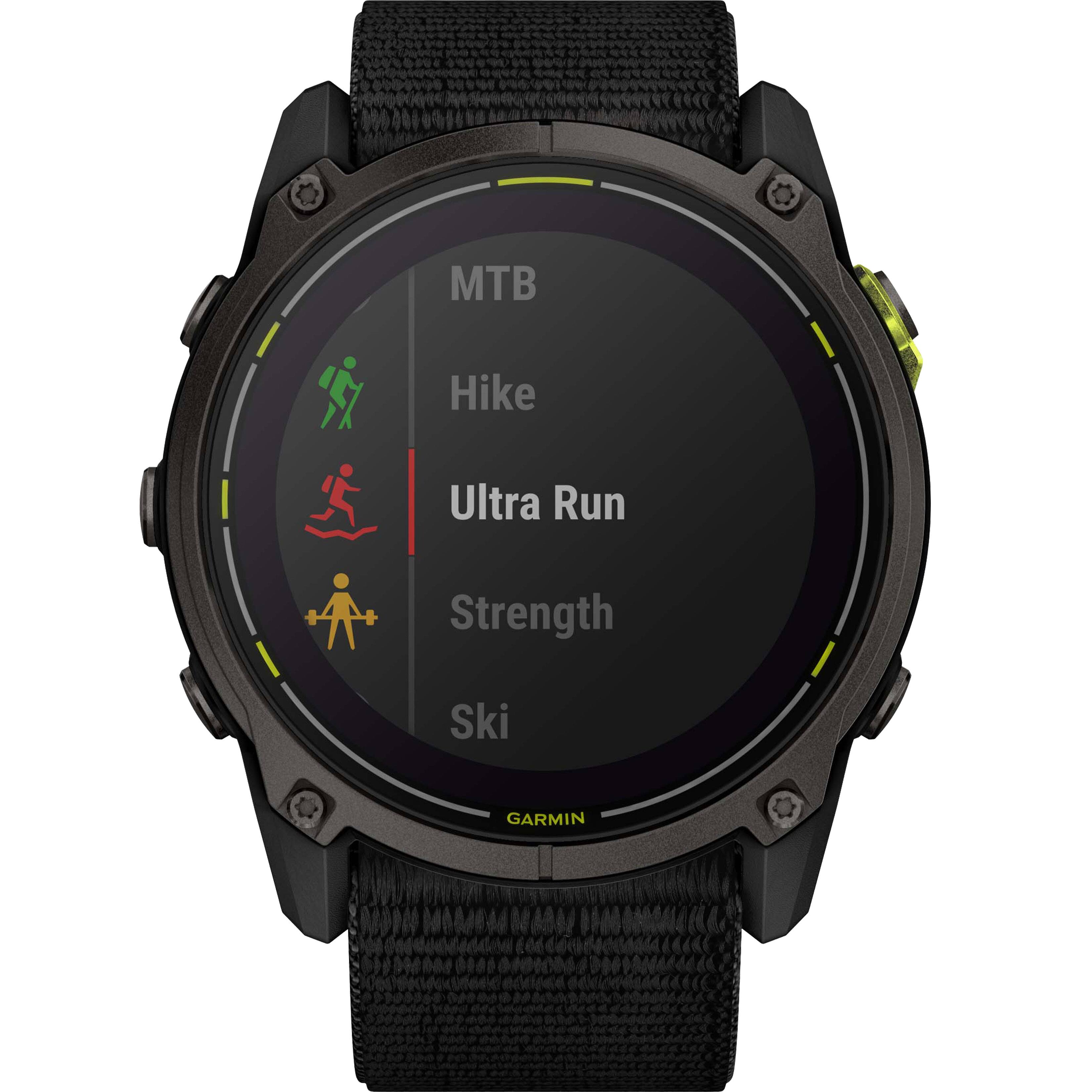 The text on the image is grouped as follows:

1. MTB: Mountain Biking
2. Hike: Hiking
3. Ultra Run: Ultra Running
4. Strength: Strength Training
5. Ski: Skiing
6. Garmin: Garmin, a company known for its GPS devices and watches.