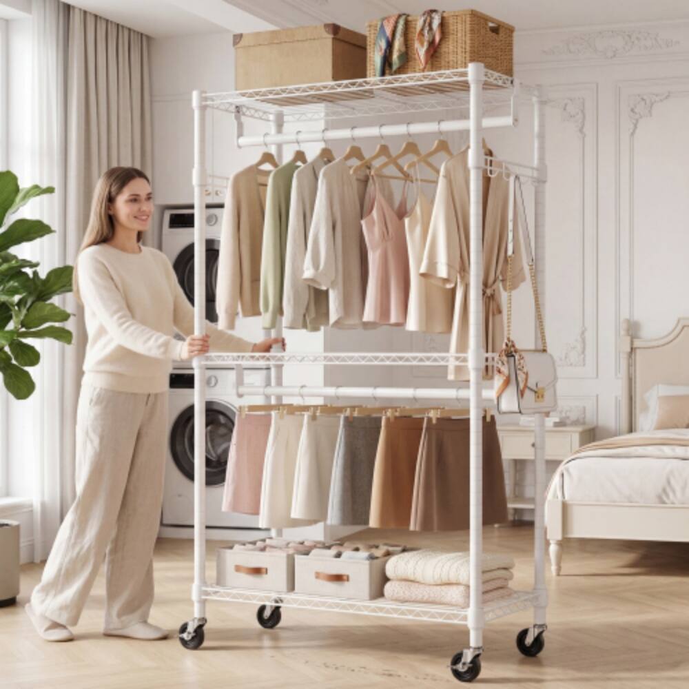 Alt View 1. LUCKY ONE - 74.5" H 3-Tier Heavy Duty Rolling Garment Rack w/ 2 Rods Side Hooks - White.