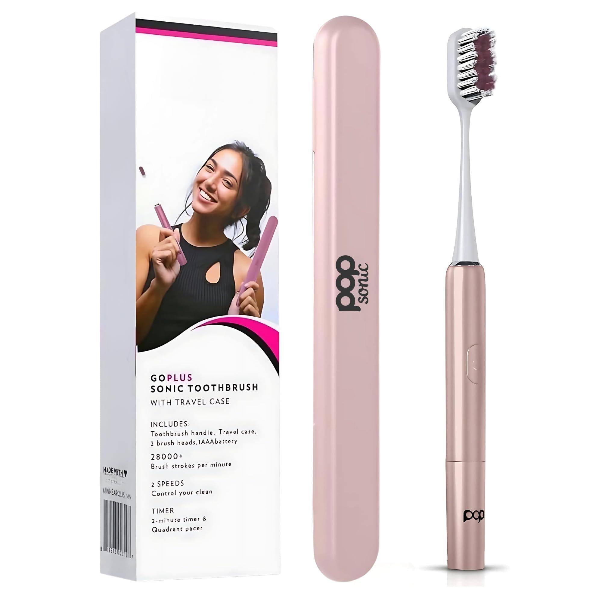 **GOPLUS SONIC TOOTHBRUSH WITH TRAVEL CASE**

**INCLUDES:**
- Toothbrush handle
- Travel case
- 2 brush heads
- 1 AAA battery

**28,000+ Brush strokes per minute**

**2 SPEEDS**
- Control your clean

**TIMER**
- 2-minute timer & Quadrant pacer
