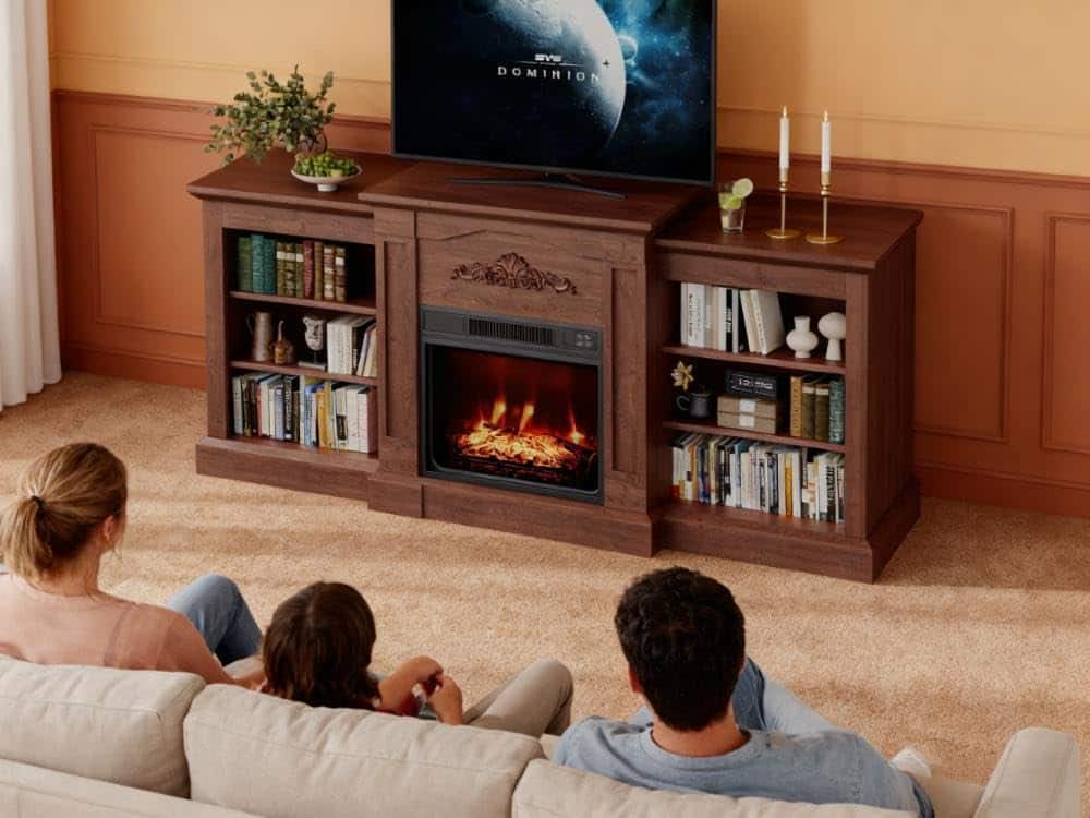 GARVEE - 67" Electric Fireplace TV Stand with 23" Slim Built-in Heater, Remote, 12 Flame Colors, Storage Cabinets, Wood Finish