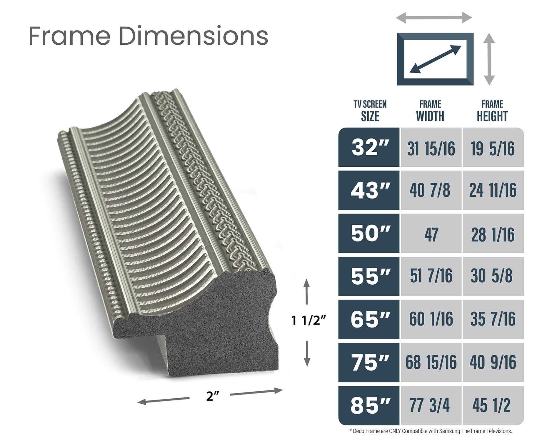Frame Dimensions:
* 32" TV Screen Size: 31 15/16" Frame Width, 19 5/16" Frame Height
* 43" TV Screen Size: 40 7/8" Frame Width, 24 11/16" Frame Height
* 50" TV Screen Size: 47 28 1/16" Frame Width, 55" 51 7/16" Frame Height
* 55" TV Screen Size: 51 7/16" Frame Width, 30 5/8" Frame Height
* 65" TV Screen Size: 60 1/16" Frame Width, 35 7/16" Frame Height
* 75" TV Screen Size: 68 15/16" Frame Width, 40 9/16" Frame Height
* 85" TV Screen Size: 77 3/4" Frame Width, 2" Frame Height
Deco Frame is ONLY Compatible with Samsung The Frame Televisions.