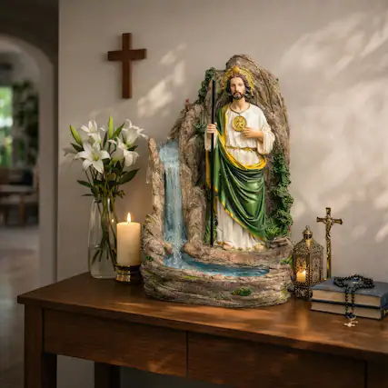 Front. FC Design - 18"H White and Green Saint Jude Fountain Standing Statue with Rocky Cascading Bowls Design.