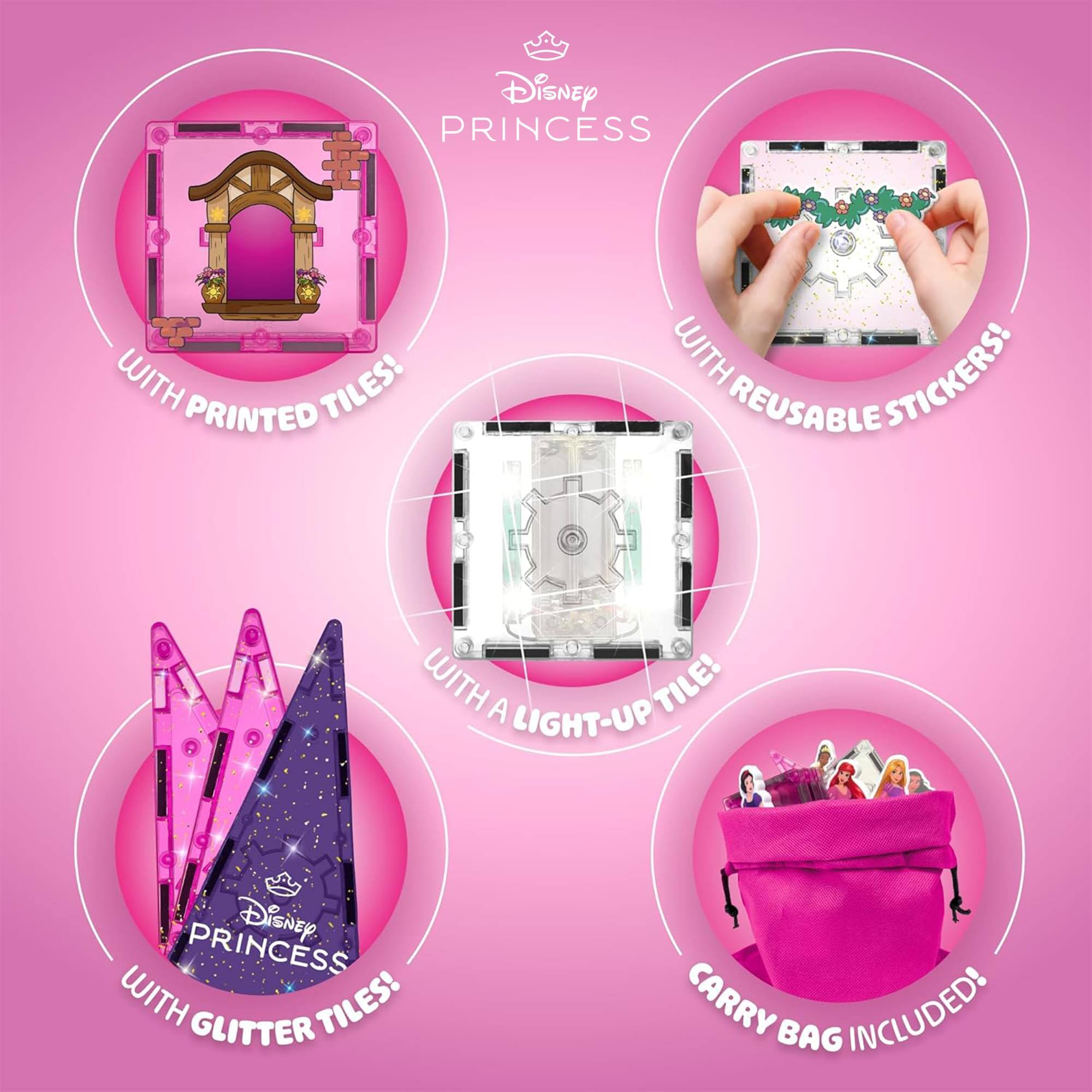 Disney PRINCESS WITH TILES! PRINTED WITH STICKERS! REUSABLE WITH A TILE! LIGHT-UP PRINCESS WITH GLITTER TILES! CARRY BAG INCLUDED!