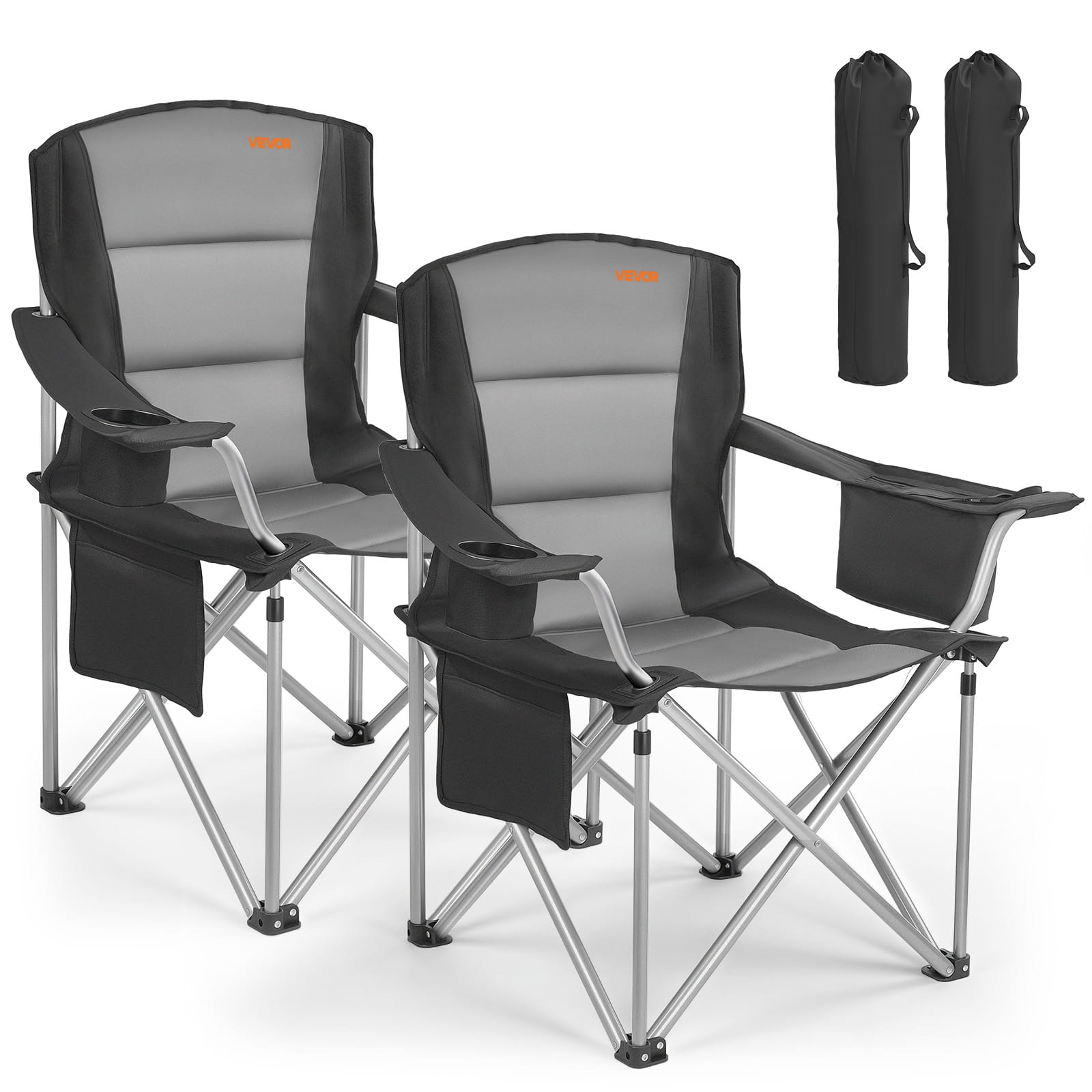 VEVOR - Oversized Camping Chairs, 450 lbs Heavy Duty Support, Portable Folding Camp Chairs with Padded Backrest & Armrests - Black & Gray