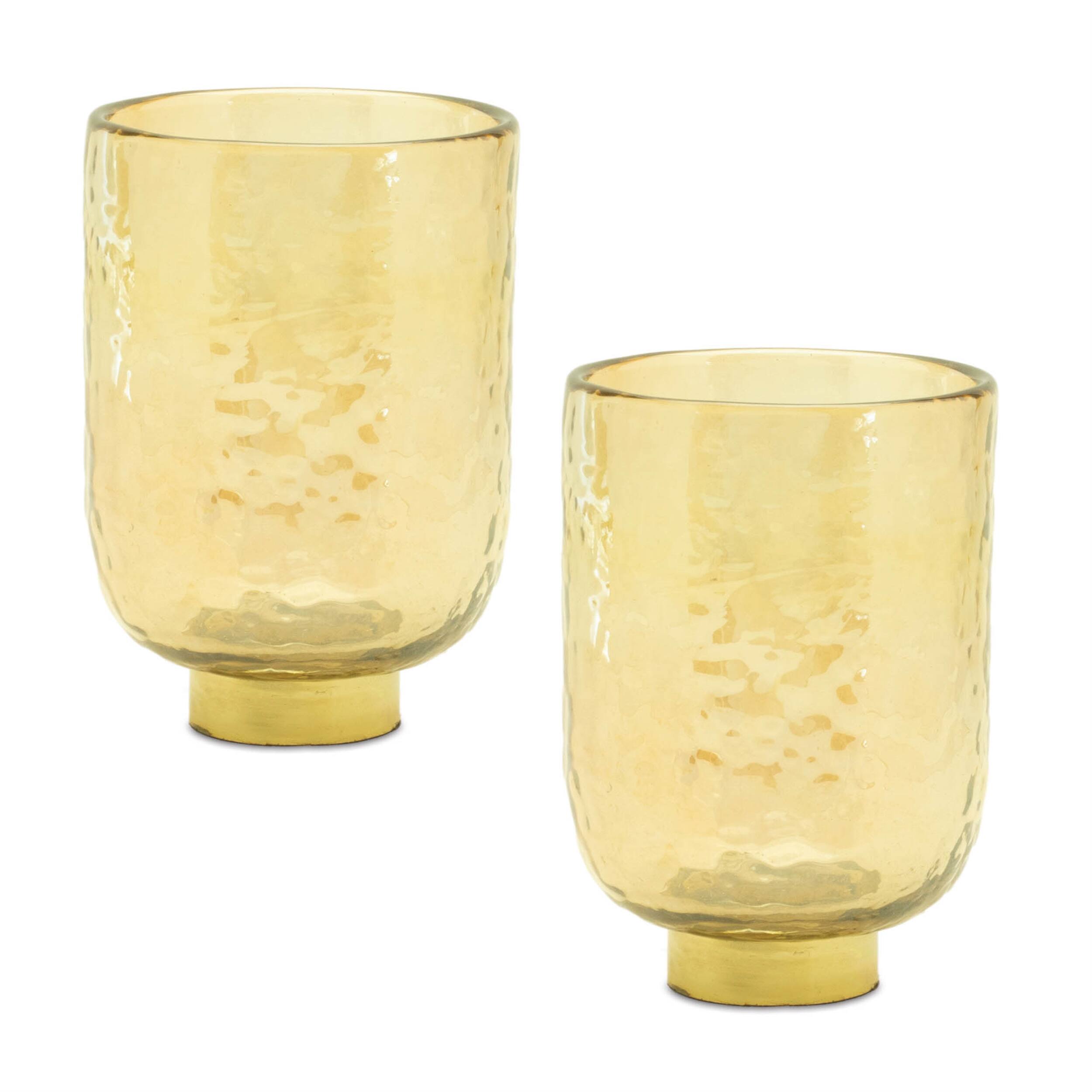 Angle. BreeBe - Gold Glass Vase with Metal Accent (Set of 2) - Gold.
