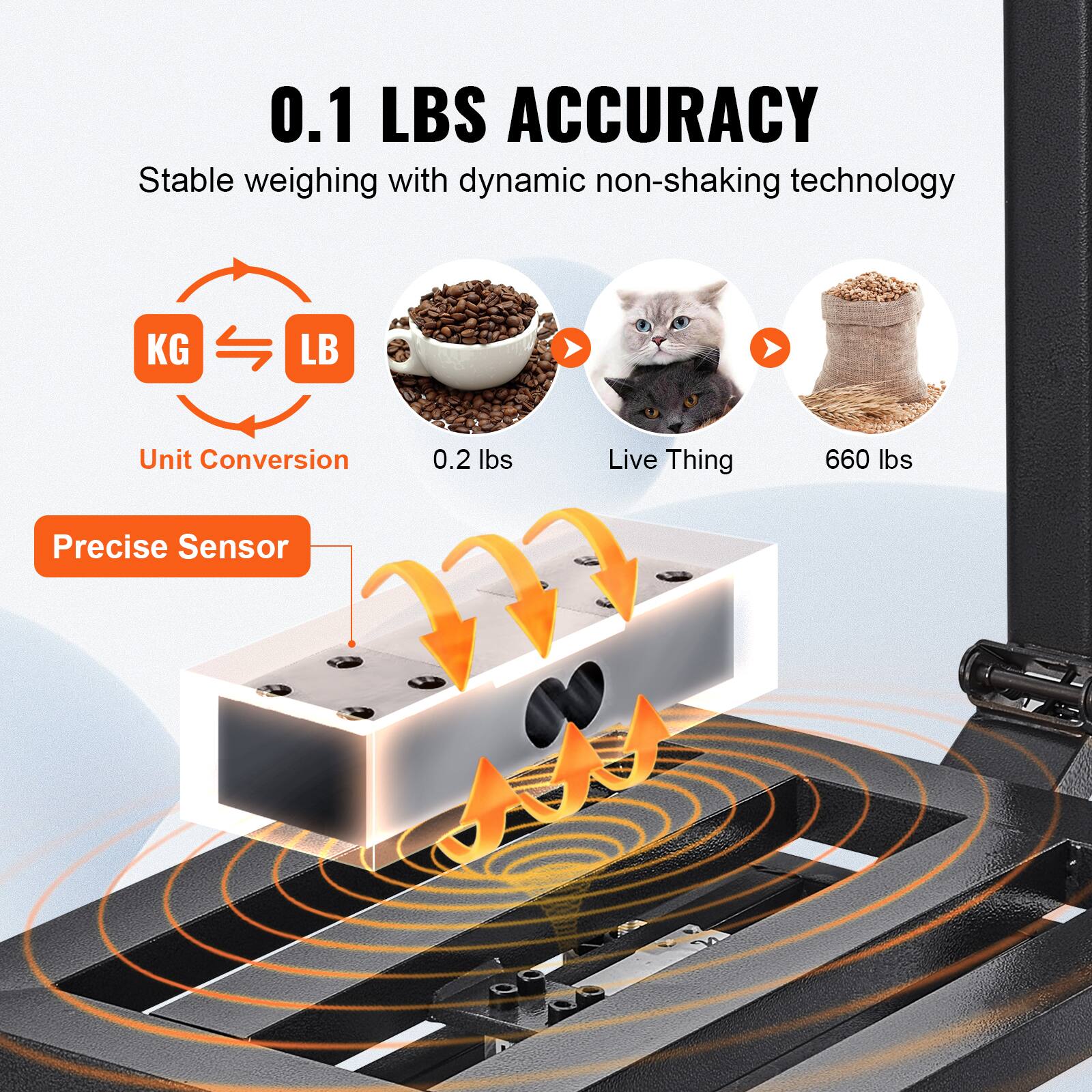 0.1 LBS ACCURACY  
Stable weighing with dynamic non-shaking technology  

KG ↔ LB  
Unit Conversion  

0.2 lbs  
Live Thing  
660 lbs  

Precise Sensor
