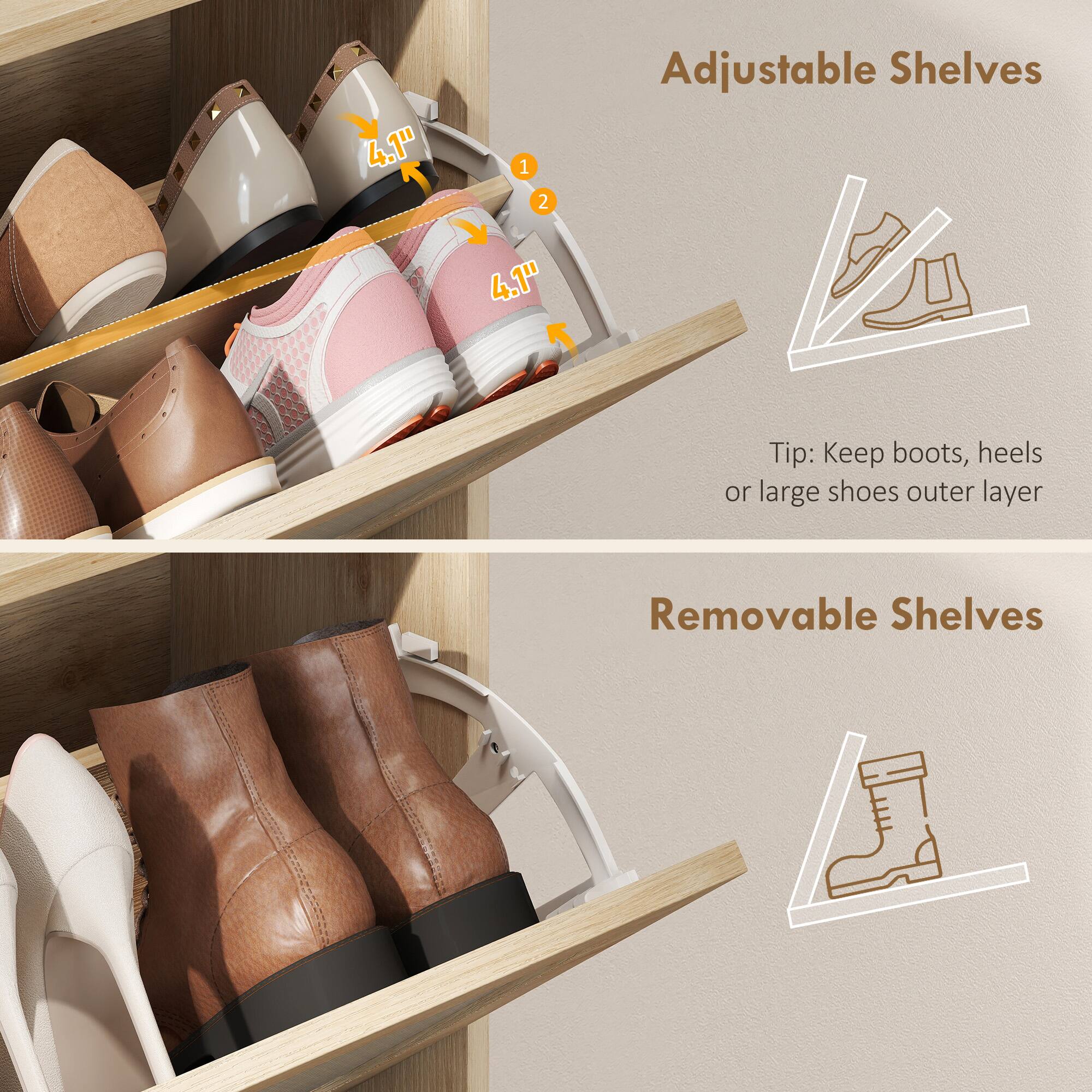 4.1" 1 2 Adjustable Shelves 4.1" Tip: Keep boots, heels or large shoes outer layer Removable Shelves
