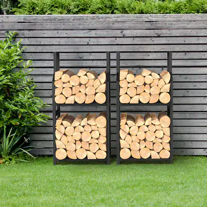 Front. Oumilen - Black Metal Firewood Rack, 2-Tier Heavy Duty Log Holder for Indoor and Outdoor Fireplace Storage - Black.