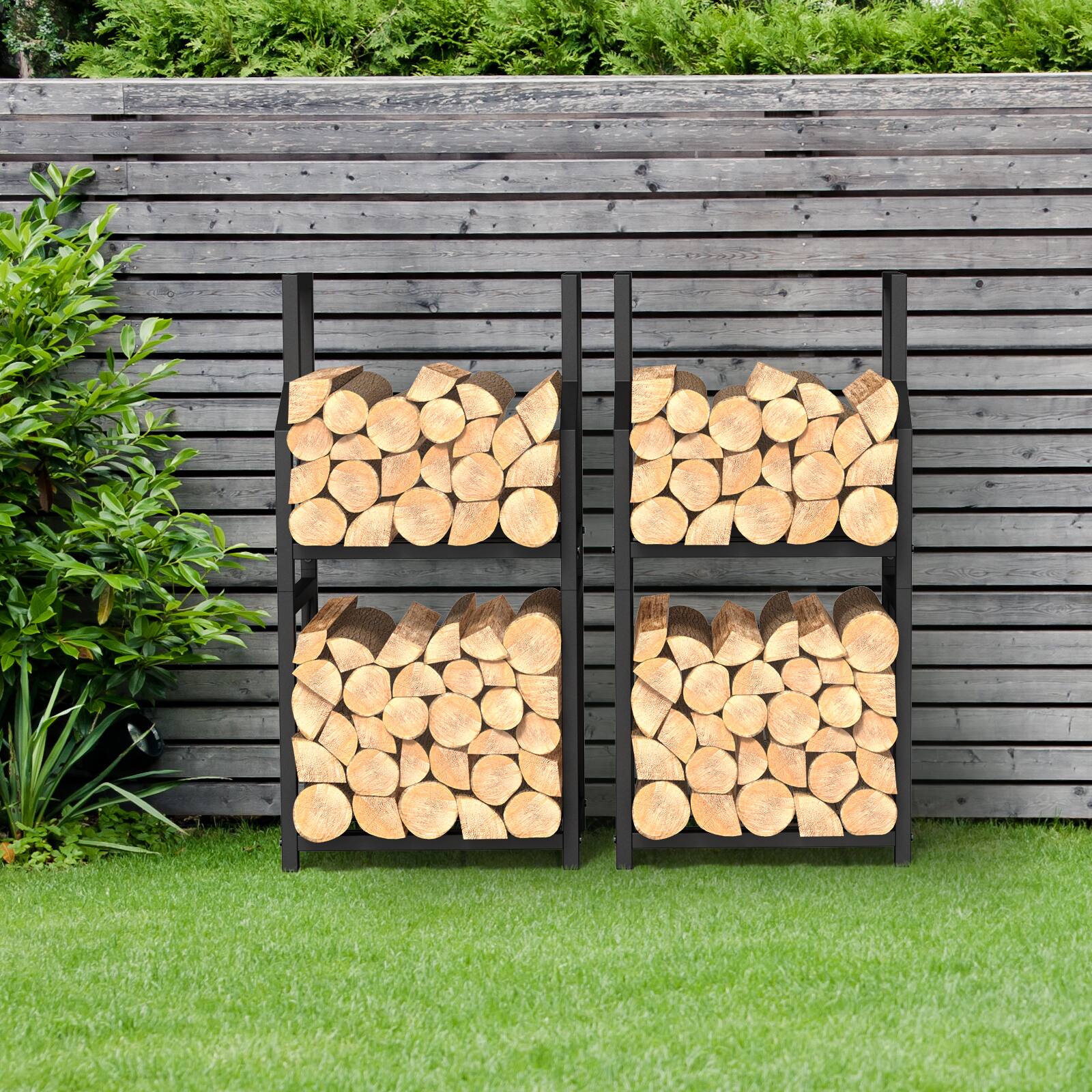 Oumilen - Black Metal Firewood Rack, 2-Tier Heavy Duty Log Holder for Indoor and Outdoor Fireplace Storage - Black