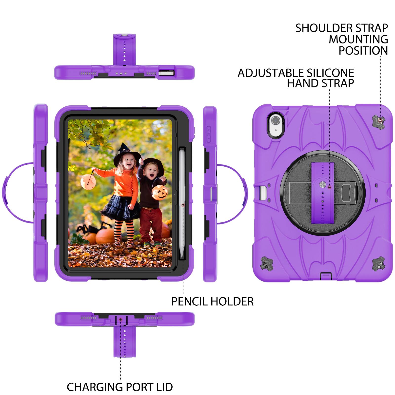 SHOULDER STRAP MOUNTING POSITION  
ADJUSTABLE SILICONE HAND STRAP  
PENCIL HOLDER  
CHARGING PORT LID