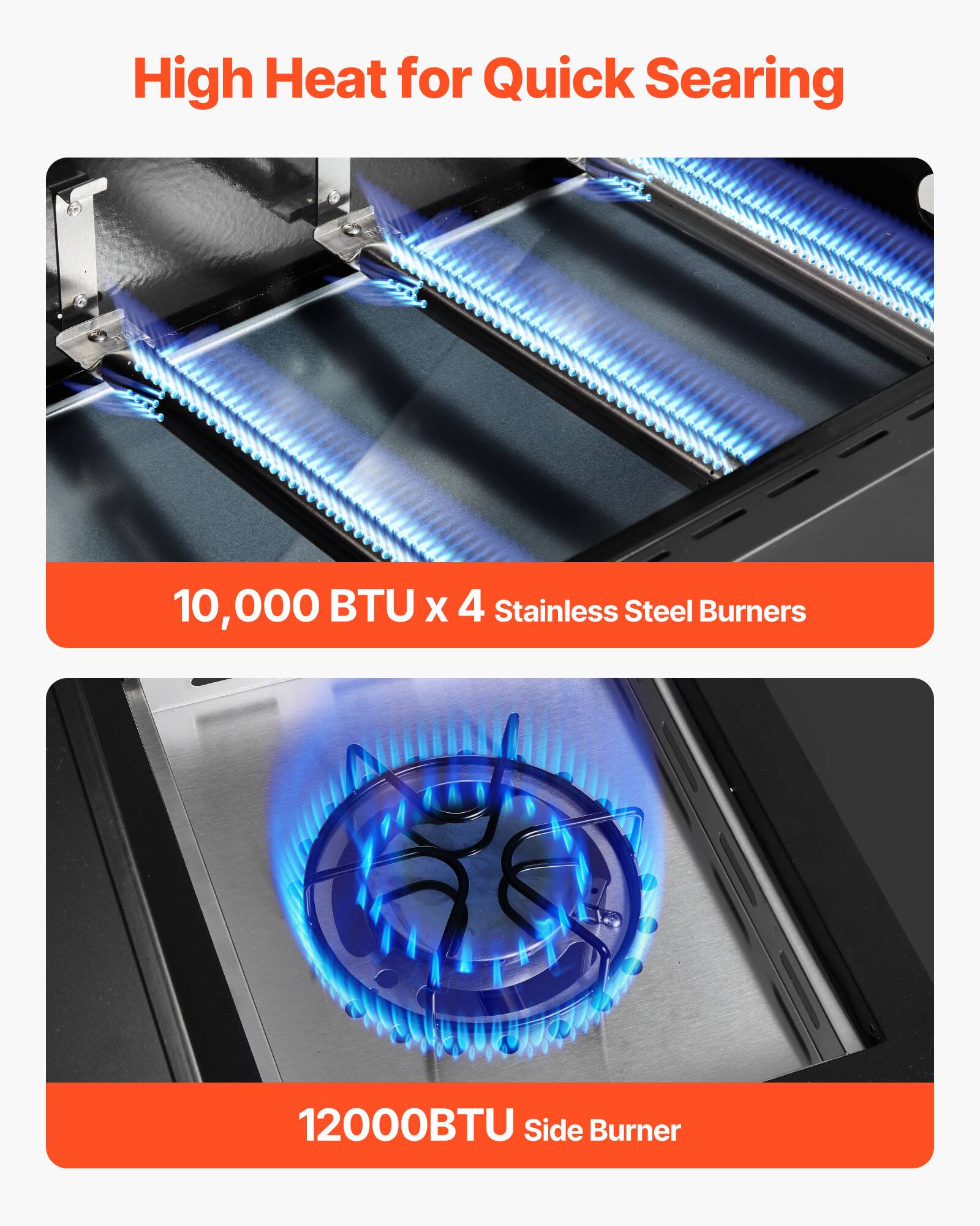 High Heat for Quick Searing

10,000 BTU x 4 Stainless Steel Burners

12,000 BTU Side Burner