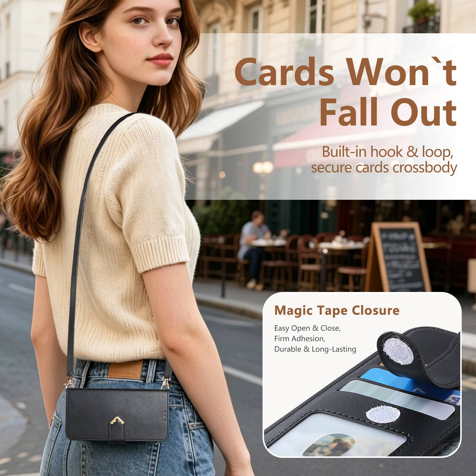 Cards Won't Fall Out  
Built-in hook & loop, secure cards crossbody  

Magic Tape Closure  
Easy Open & Close, Firm Adhesion, Durable & Long-Lasting