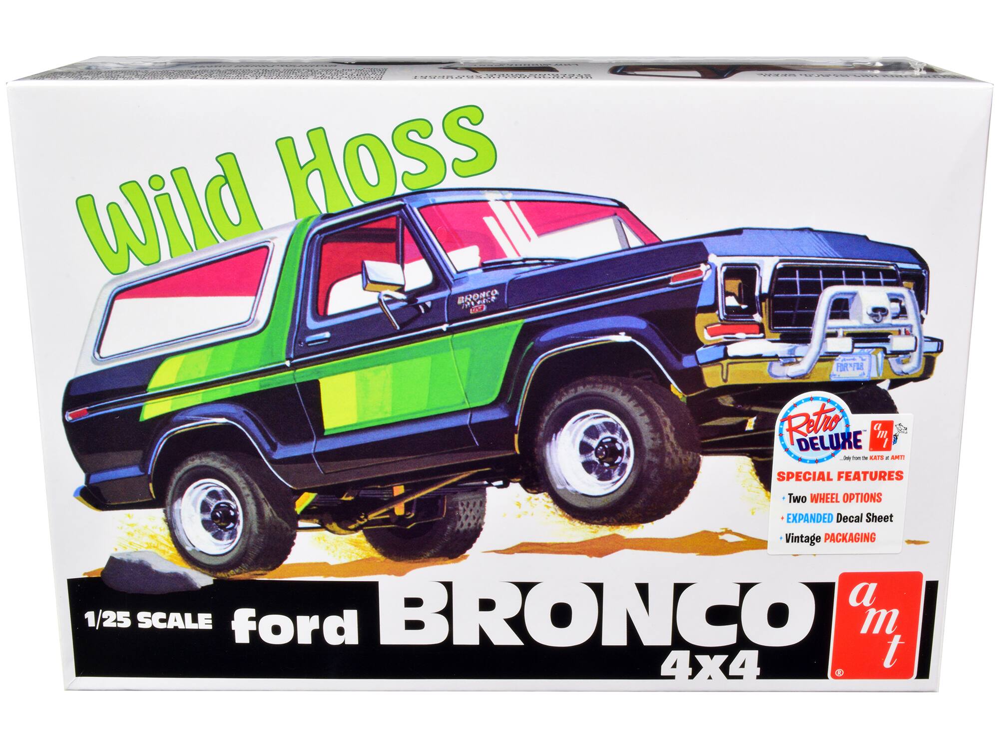 Wild Hoss  
1/25 SCALE  
ford BRONCO 4x4  

Retro DELUXE  
SPECIAL FEATURES  
- Two WHEEL OPTIONS  
- EXPANDED Decal Sheet  
- Vintage PACKAGING  

a m t