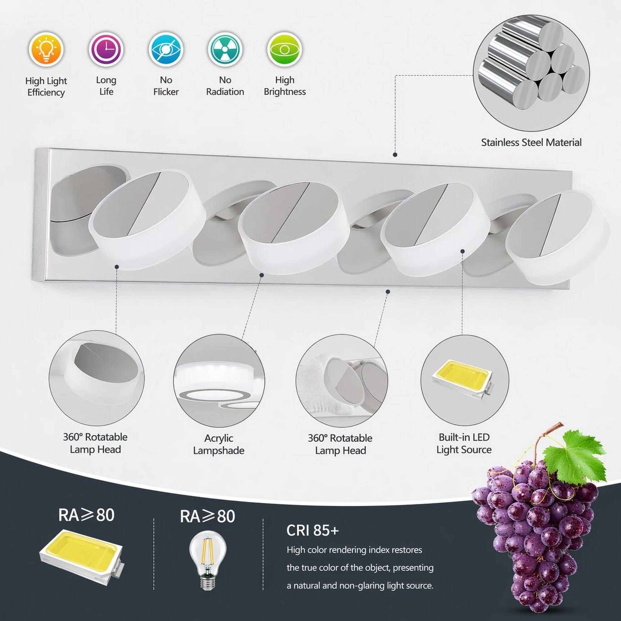 High Light Efficiency  
Long Life  
No Flicker  
No High Radiation Brightness  
Stainless Steel Material  
360° Rotatable Lamp Head  
Acrylic Lampshade  
360° Rotatable Lamp Head  
Built-in LED Light Source  
RA ≥ 80  
RA ≥ 80  
CRI 85+  
High color rendering index restores the true color of the object, presenting a natural and non-glaring light source.
