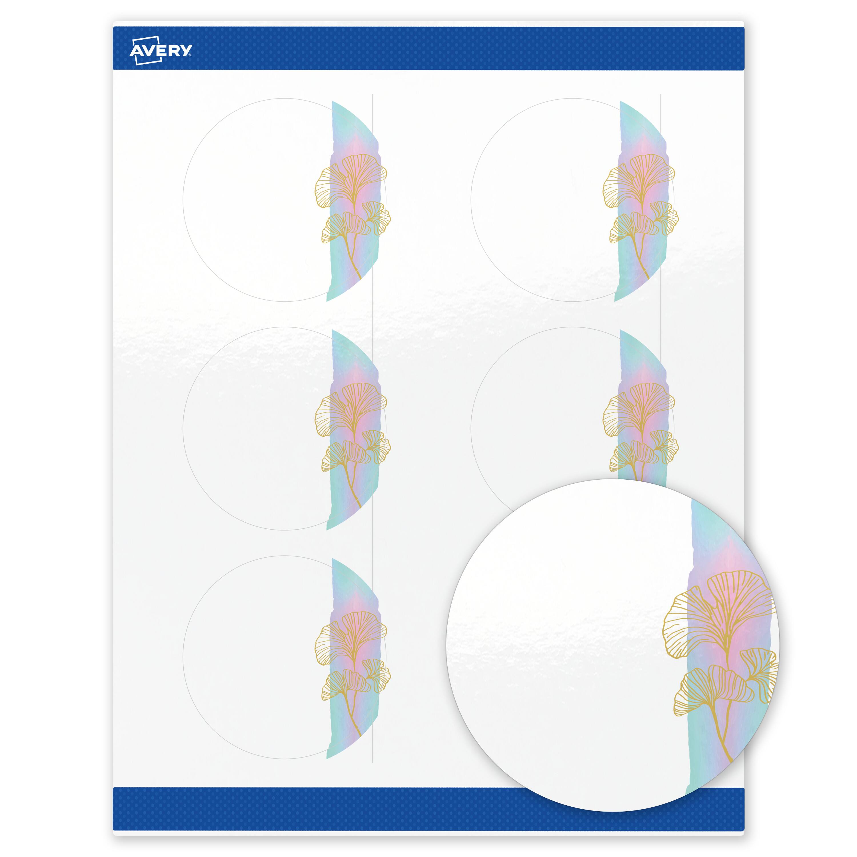 Front. Avery - Avery Labels, 3" Diameter, Glossy White, Watercolors & Gold Leaves - White.