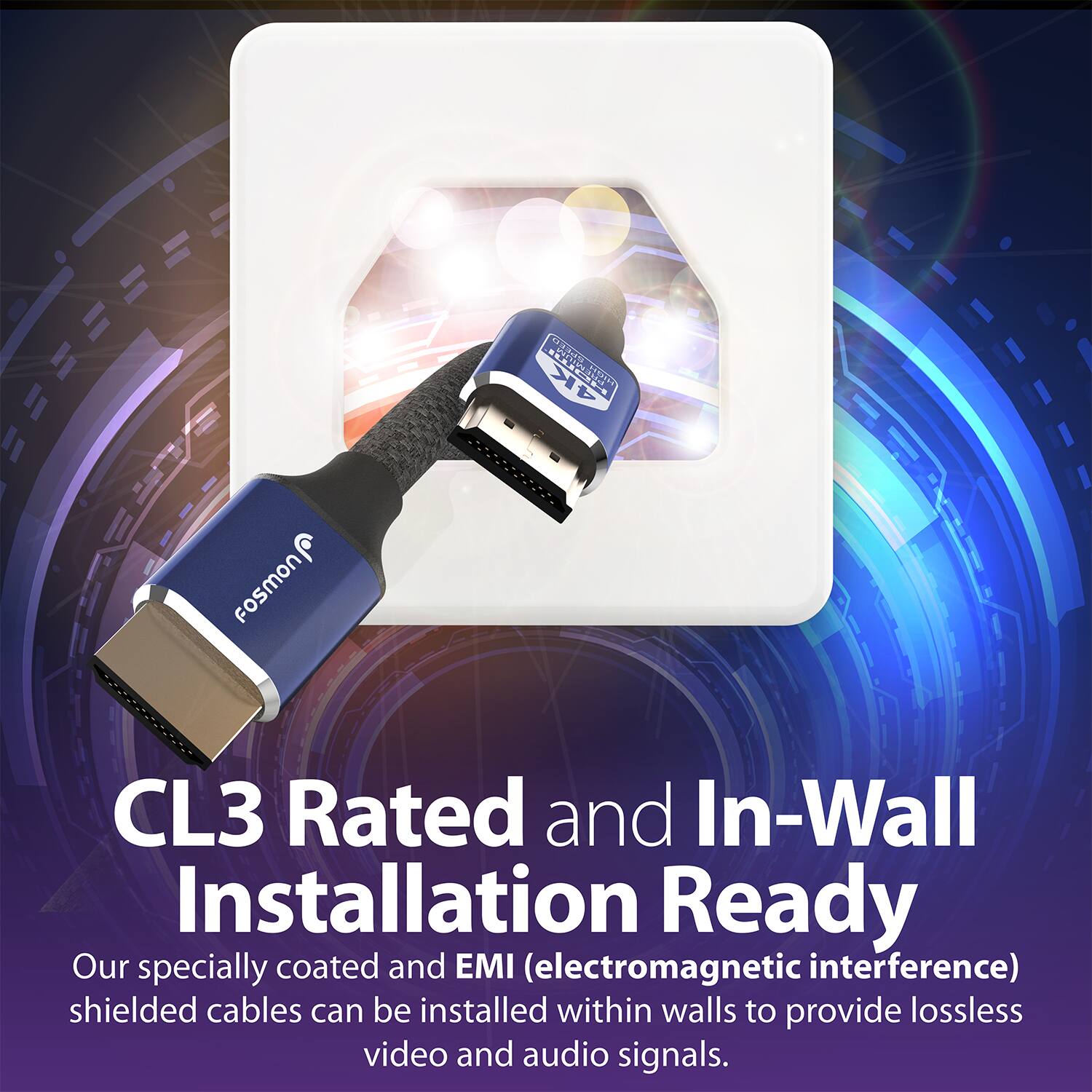 fosmon CL3 Rated and In-Wall Installation Ready Our specially coated and EMI (electromagnetic interference) shielded cables can be installed within walls to provide lossless video and audio signals.