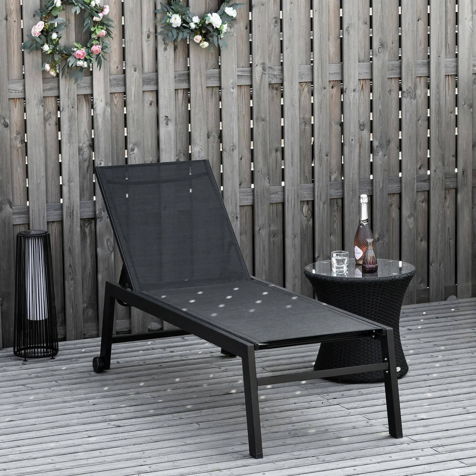 Left. Resenkos - Resenkos Outdoor Chaise Lounge With Wheels, Five Position Recliner For Sunbathing, Suntanning, Steel Frame, Black - Black.