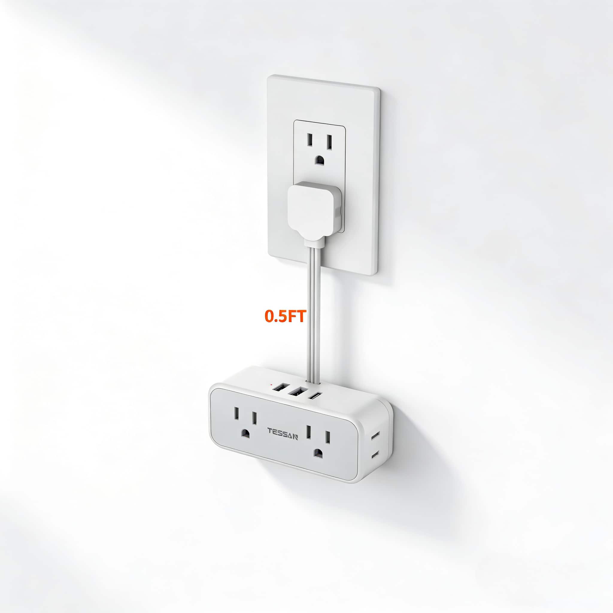 TESSAN - 0.5Ft Short Flat Extension Cord Plug,Surge Protector small Power Strip with 4 Outlets and 3USB Ports(1USB C) - Grey White