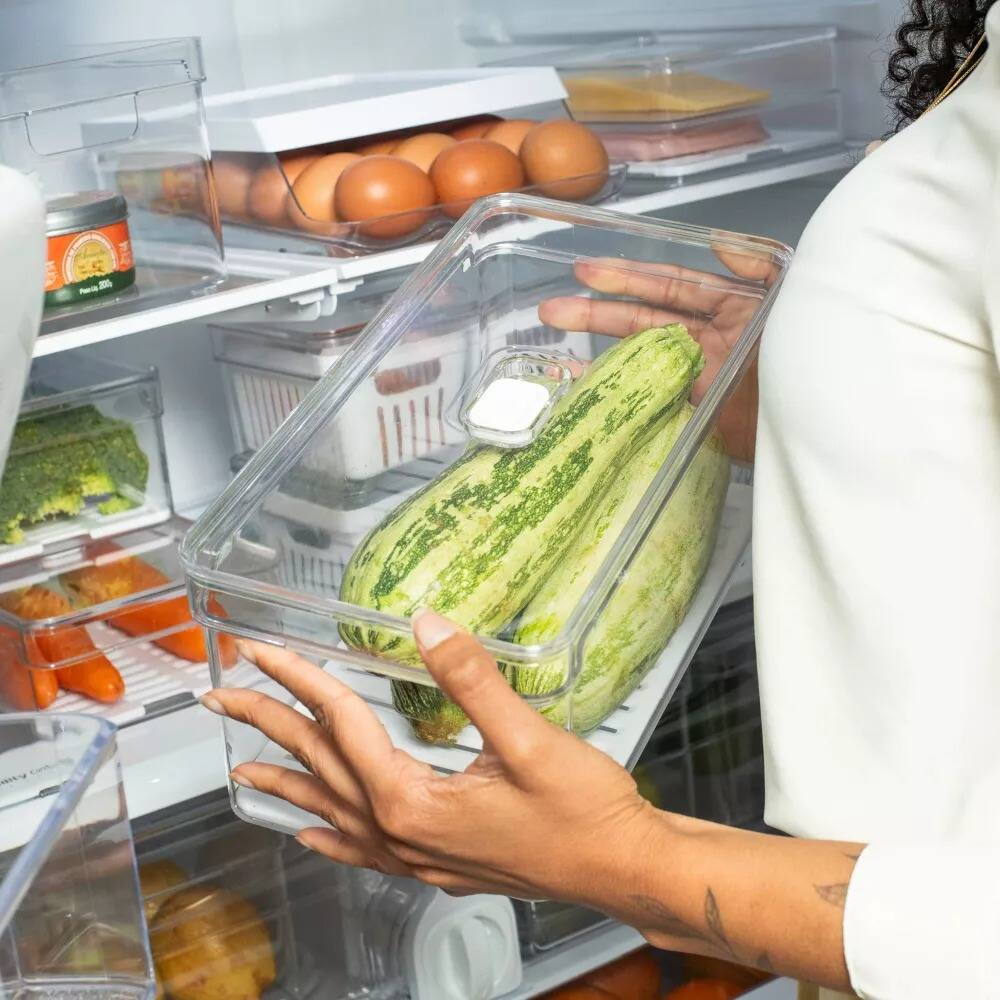 Alt View 6. OU - OU Fridge Organizer Bin with Vented Lid 5.3qt, Clear Stackable Refrigerator Storage Bin - Clear.