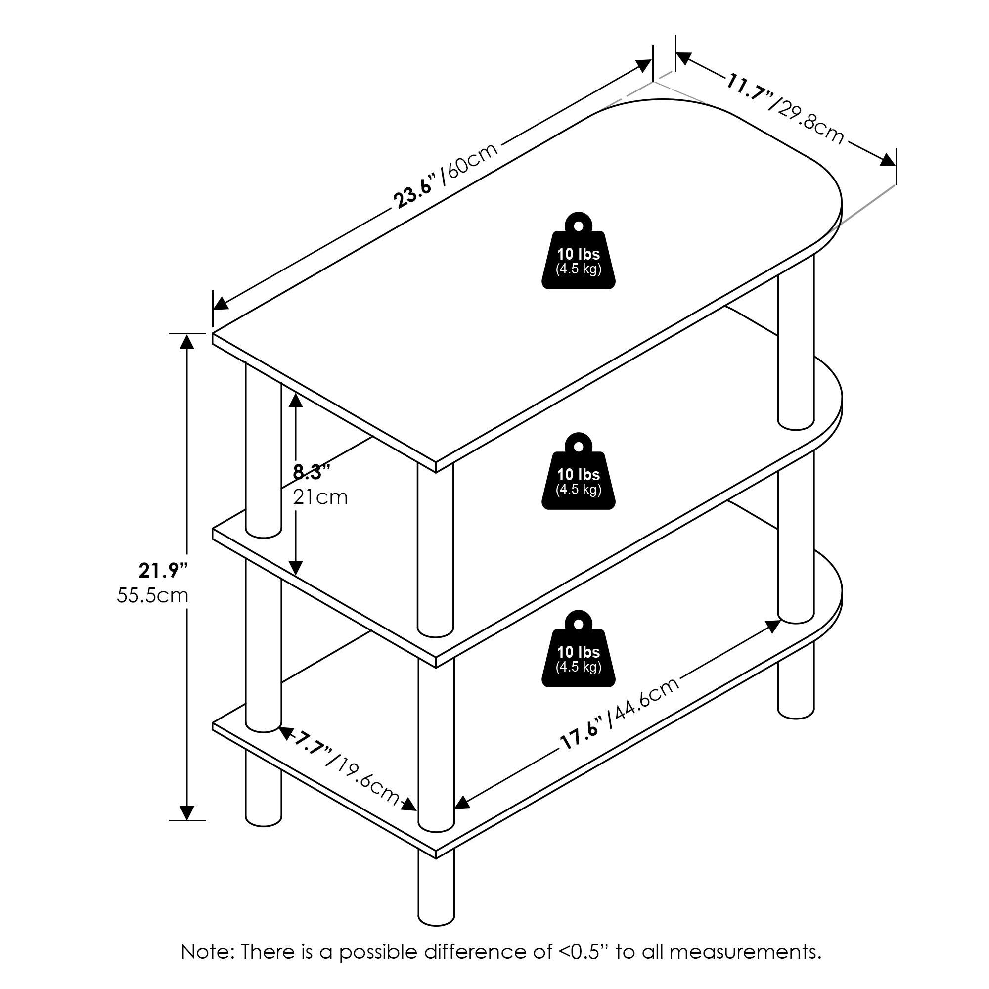 - 23.6" / 60cm
- 11.7" / 29.8cm
- 8.3" / 21cm
- 21.9" / 55.5cm
- 7.7" / 19.6cm
- 17.6" / 44.6cm
- 10 lbs (4.5 kg)
- Note: There is a possible difference of <0.5" to all measurements.