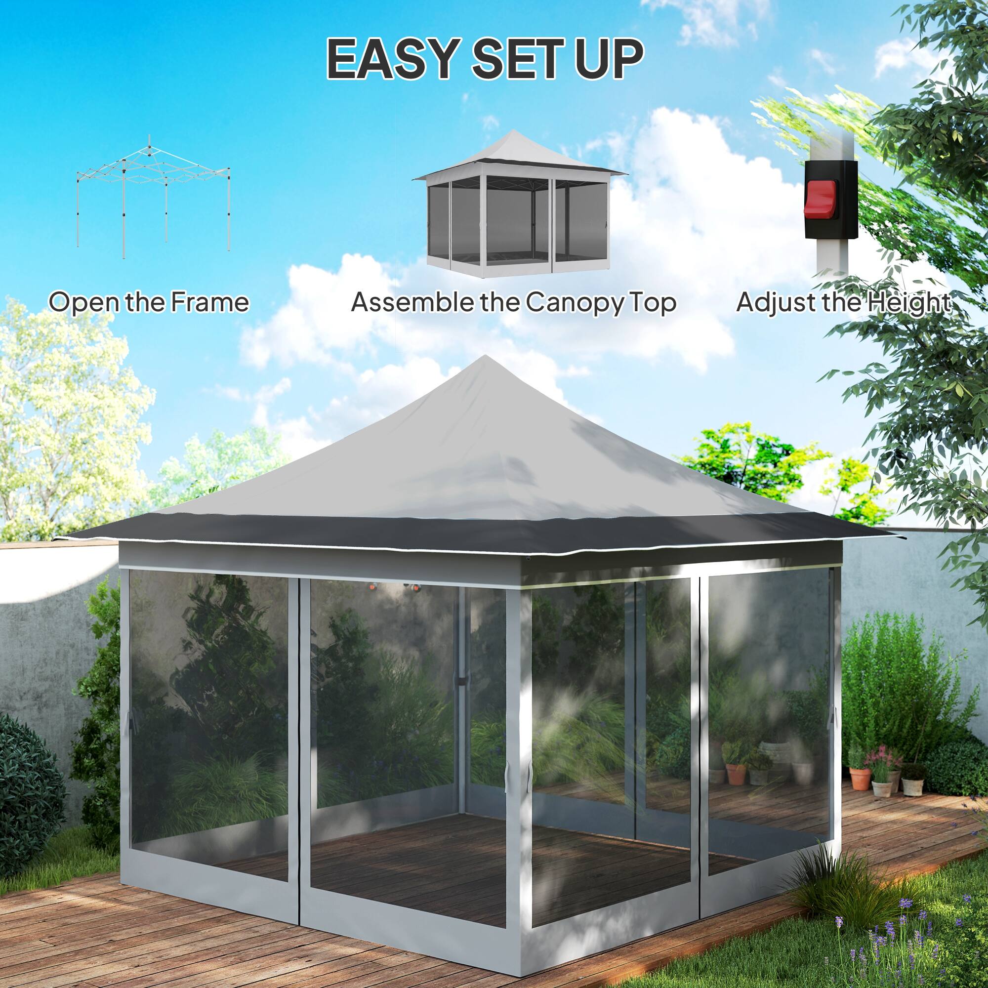 EASY SET UP

- Open the Frame
- Assemble the Canopy Top
- Adjust the Height