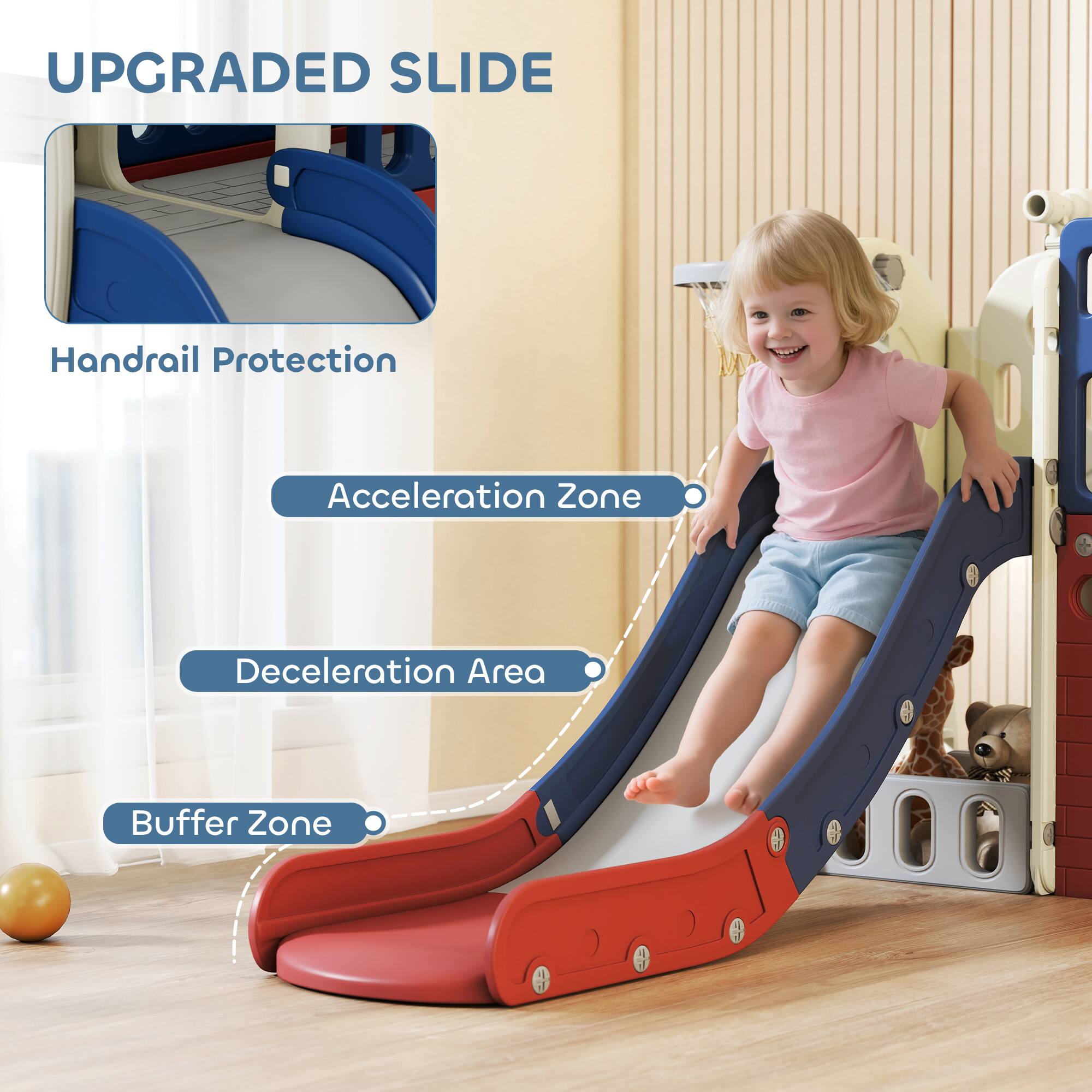 UPGRADED SLIDE

- Handrail Protection
- Acceleration Zone
- Deceleration Area
- Buffer Zone