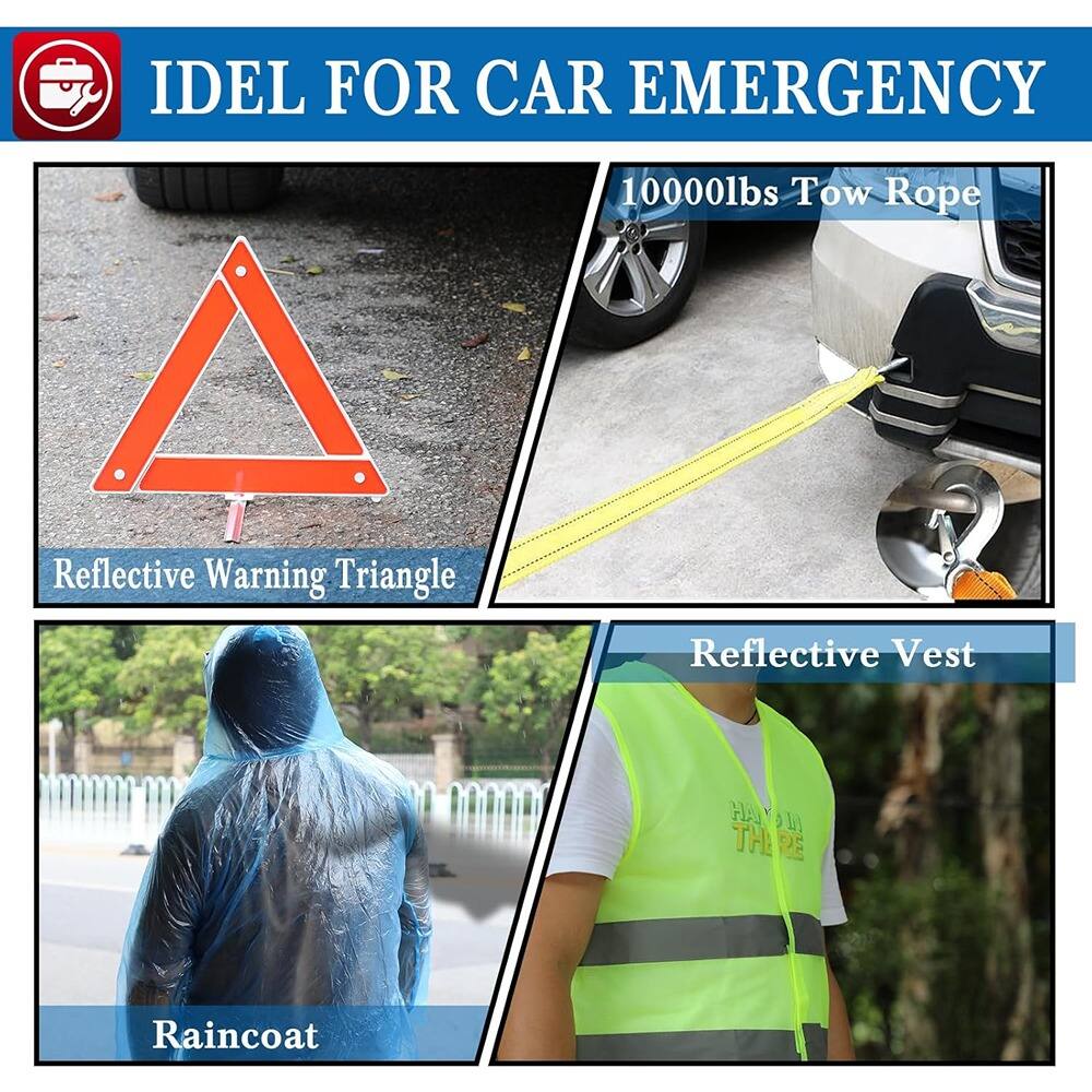IDEL FOR CAR EMERGENCY

- Reflective Warning Triangle
- 10000lbs Tow Rope
- Reflective Vest
- Raincoat