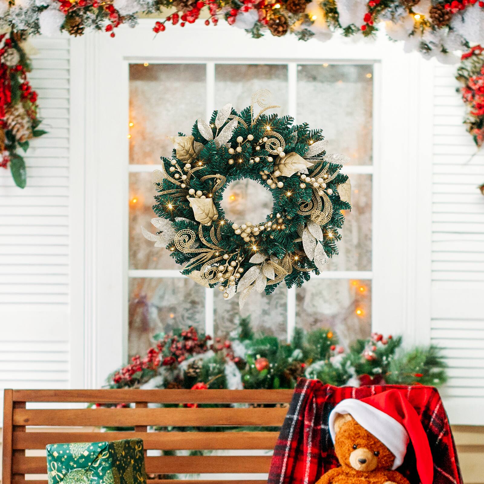 Back. Acekool - 18 Inch Pre-Lit Christmas Wreath with LED Lights Holiday Wall Decors with Gold Flowers and Berries for Front Door - Gold.