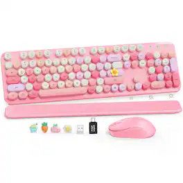 PRIMEPLUS - Wireless Keyboard & Mouse, Round Keycaps, Magnetic Wrist Rest, Retro Typewriter, 2.4G, Auto Sleep, Purple, Mac/Windows - Cotton Candy Pink
