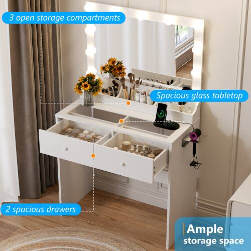 3 open storage compartments  
Spacious glass tabletop  
2 spacious drawers  
Ample storage space