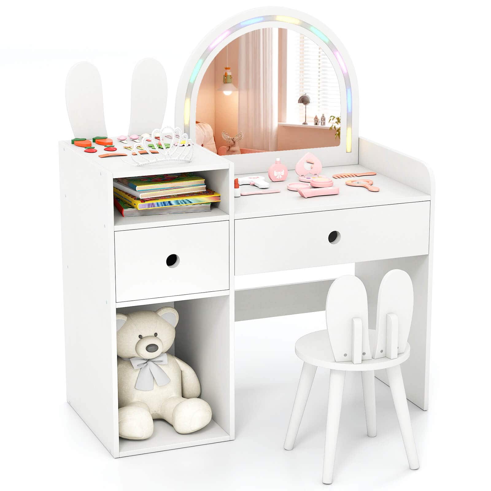 Costway - Princess Bunny Makeup Table with Lighted Mirror, Open Shelves and Storage Drawers - White