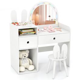 Costway - Princess Bunny Makeup Table with Lighted Mirror, Open Shelves and Storage Drawers - White