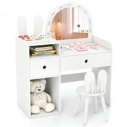 Front. Costway - Costway Princess Bunny Makeup Table with Lighted Mirror, Open Shelves and Storage Drawers - White.