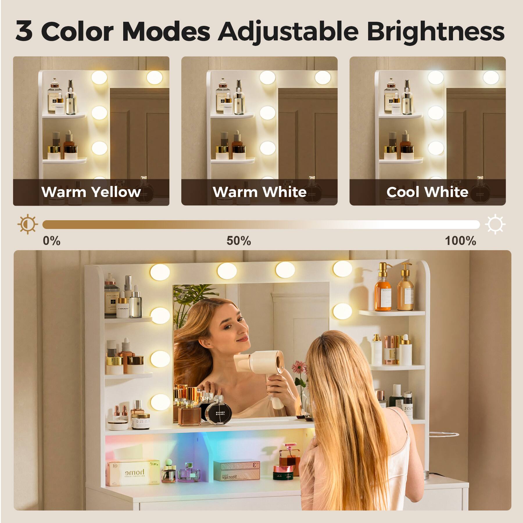 3 Color Modes Adjustable Brightness

Warm Yellow 0%
Warm White 50%
Cool White 100%