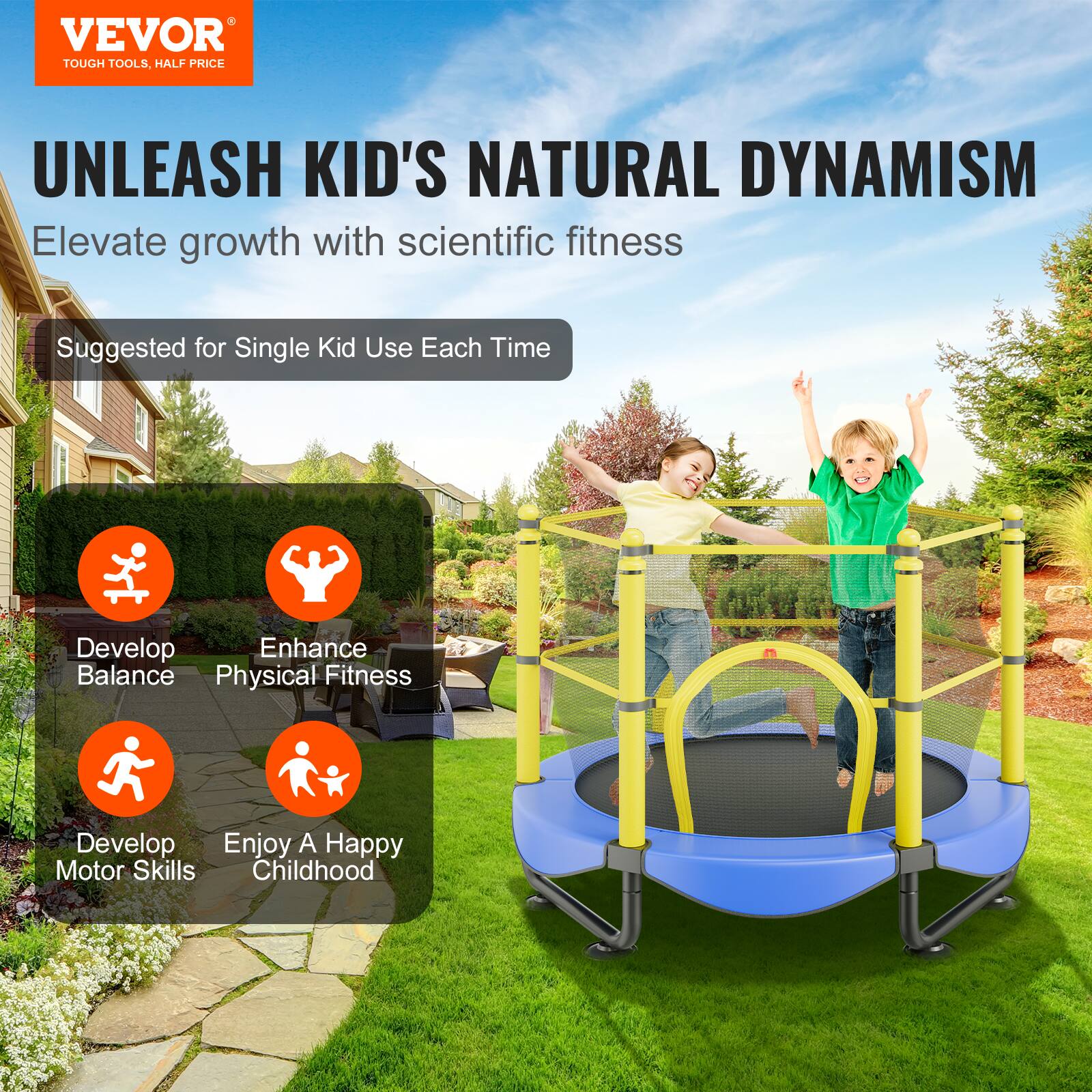 **VEVOR TOUGH TOOLS. HALF PRICE**

**UNLEASH KID'S NATURAL DYNAMISM**

Elevate growth with scientific fitness

Suggested for Single Kid Use Each Time

- Develop Balance
- Enhance Physical Fitness
- Develop Motor Skills
- Enjoy A Happy Childhood